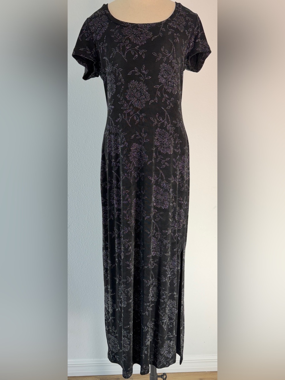 Vintage 90s Y2K Marian & Maral Black Glitter Floral Maxi Dress Slinky Knit Large